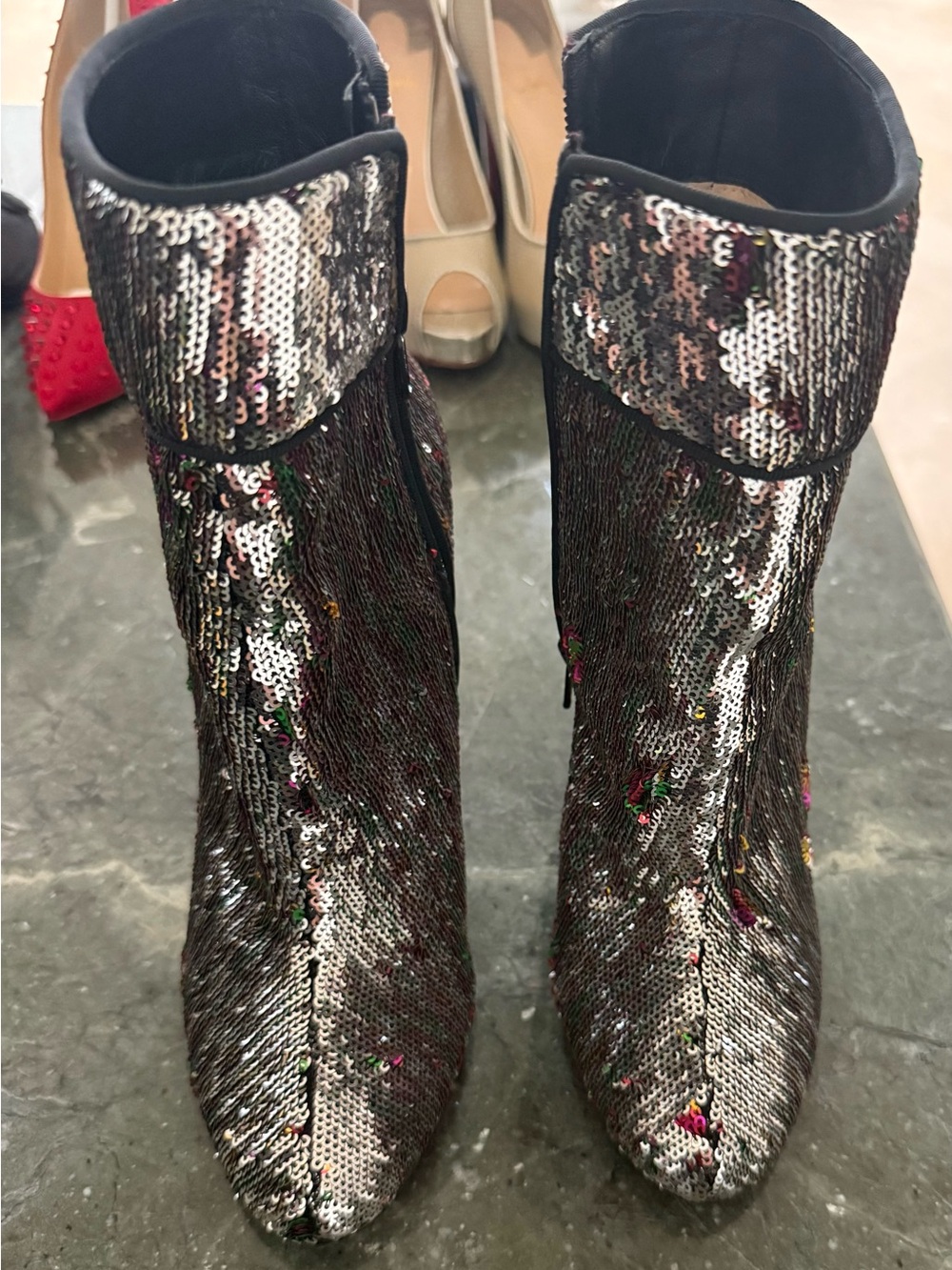 Sequined Metallic Ankle Boots - Women's Silver Fashion Booties